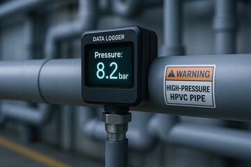 Data logger pressure display on industrial pipe reading 8.2 bar with warning label high pressure pipe, cold blue lighting, metal fitting and factory background conveying safety concern