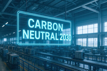 Carbon neutral 2030 neon sign in industrial factory conveying sustainability commitment and low carbon transition feeling