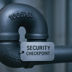 Security checkpoint metal tag attached to industrial pipe, cold blue tone, safety concept