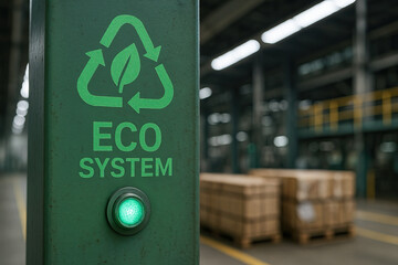 Eco system green recycling symbol leaf button in industrial warehouse environment with stacked cardboard pallet boxes conveying sustainable manufacturing and logistics
