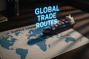 Global trade routes cargo ship on world map supply chain concept with container vessel navigation and logistics planning in dark office setting, professional strategic planning mood