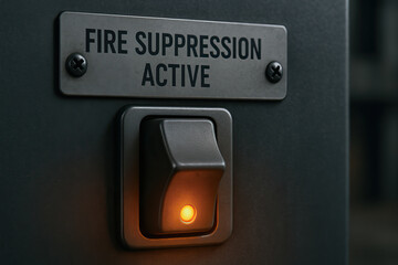 Fire suppression active switch with illuminated orange indicator on metal control panel conveying safety and alert in industrial environment