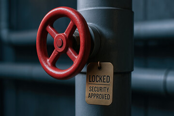 Locked security approved valve on industrial pipe with red handwheel conveying safety control and restricted access in facility