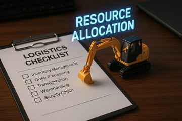 Resource allocation logistics checklist with miniature excavator on wooden desk showing inventory management order processing transportation warehousing supply chain and planning
