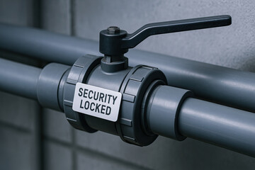 Security locked valve industrial pipe closed valve safety tag metal handle gray pipeline locked plumbing valve maintenance sign restricted access utility infrastructure