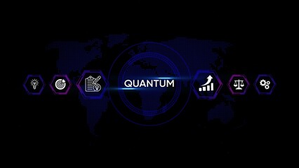 Quantum technology concept with glowing icons on a dark world map background future innovation