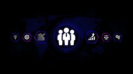 Teamwork and business strategy icons on a dark digital world map background image