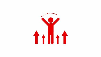 Red stick figure with arms raised surrounded by red upward pointing arrows on white background person