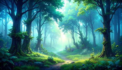 Fototapeta premium A sun-drenched forest path winds through a vibrant, misty woodland, bathed in soft, ethereal light.
