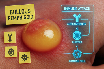 Bullous pemphigoid blister on inflamed skin with medical diagram showing autoantibody immune attack and immune cell response