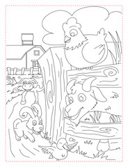 Playful Farm Animals in a Meadow Coloring Page

