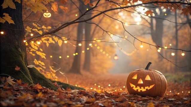 Halloween Pumpkin in Autumn Forest with String Lights and Foggy Background