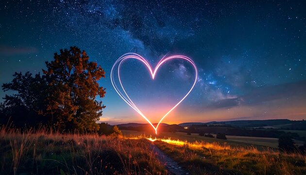 A heart-shaped light painting against a starry night sky, illuminated by the soft glow of twilight over a rolling landscape. - Powered by Adobe