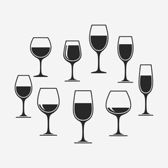  A set of wine glasses Vector Illustration focuses on simplicity, elegance, and ease of recognition. Vector Sign for Banner, Logos, Labels, and Icons.