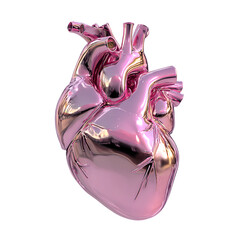 Glossy pink metallic anatomical human heart, 3D render style, isolated PNG on transparent background. Futuristic medical and technology concept.