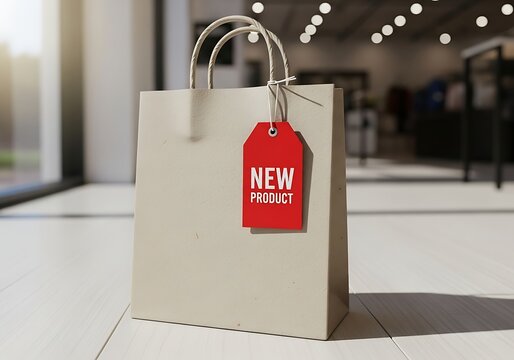 Brown paper shopping bag with red new product tag