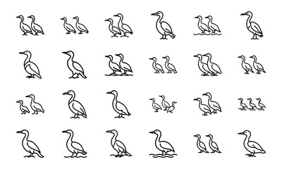 Bird Silhouette Icon Set in Minimal Line Art Style on White Background – Vector Collection of Flying Birds, Penguins, Parrots, Ducks, and Songbirds for Nature and Wildlife Design