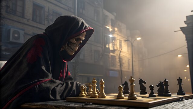 Grim Reaper Playing Chess in a Foggy City Street at Night
