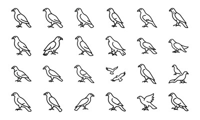 Bird Silhouette Icon Set in Minimal Line Art Style on White Background – Vector Collection of Flying Birds, Penguins, Parrots, Ducks, and Songbirds for Nature and Wildlife Design