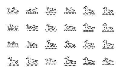 Bird Silhouette Icon Set in Minimal Line Art Style on White Background – Vector Collection of Flying Birds, Penguins, Parrots, Ducks, and Songbirds for Nature and Wildlife Design
