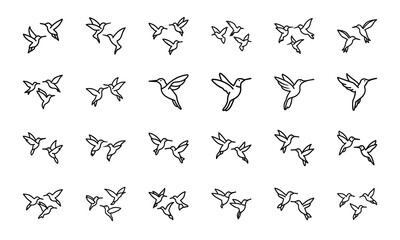 Bird Silhouette Icon Set in Minimal Line Art Style on White Background – Vector Collection of Flying Birds, Penguins, Parrots, Ducks, and Songbirds for Nature and Wildlife Design