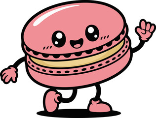 Vector art of cheerful pink macaron cartoon character, radiating joy with its cute smile and playful pose, perfect for adding a touch of sweetness to any design project