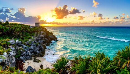 Sunrise over a tropical cliffside beach