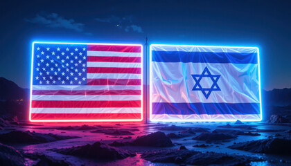 Symbolic flags of america and israel illuminated at night urban setting neon display national unity concept