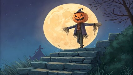 Whimsical Halloween Scarecrow with Pumpkin Head Standing on Stone Steps at Night