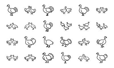Bird Silhouette Icon Set in Minimal Line Art Style on White Background – Vector Collection of Flying Birds, Penguins, Parrots, Ducks, and Songbirds for Nature and Wildlife Design