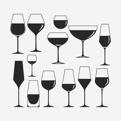  A set of wine glasses Vector Illustration focuses on simplicity, elegance, and ease of recognition. Vector Sign for Banner, Logos, Labels, and Icons.