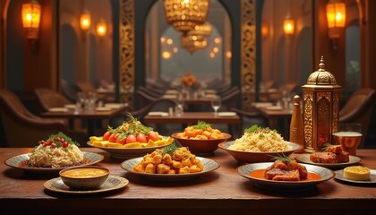 Fototapeta premium Table full of Moroccan dishes and drinks in restaurant with ornate lighting. Couscous, tagine, salads and soup arranged for feast. Ramadan iftar, Eid celebration food, family gathering.