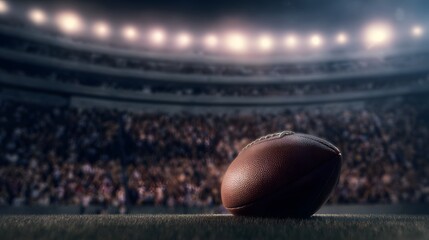 Close-up of American football on field with cheering fans