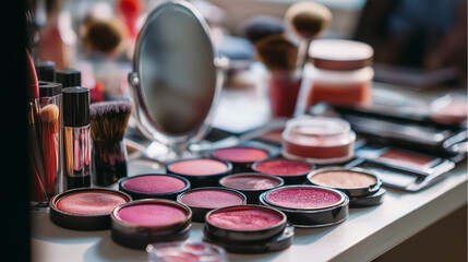 A table with cosmetics, brushes, and a mirror. Makeup concept.
