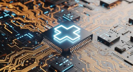 Glowing medical cross on a digital circuit board for health tech.