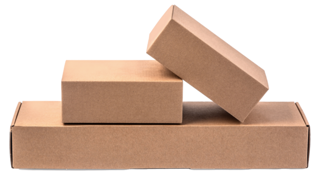 Three closed cardboard boxes stacked on transparent background