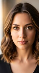 Obraz premium Close-up portrait of a woman with a direct gaze and natural beauty.