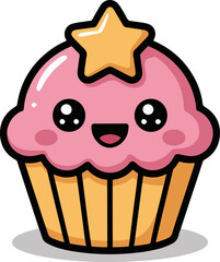 Vector art of charming cupcake cartoon character, topped with a star and radiating happiness with its cute smile, perfect for adding a sweet touch to any project