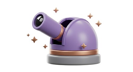 New retro space colony purple observatory dome with telescope and stars isolated on white background
