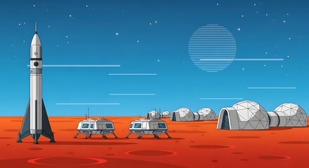 New retro space colony pixel art scene of a rocket and habitats on mars