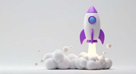 New retro space colony cute cartoon rocket launching with smoke and bubbles isolated on white background