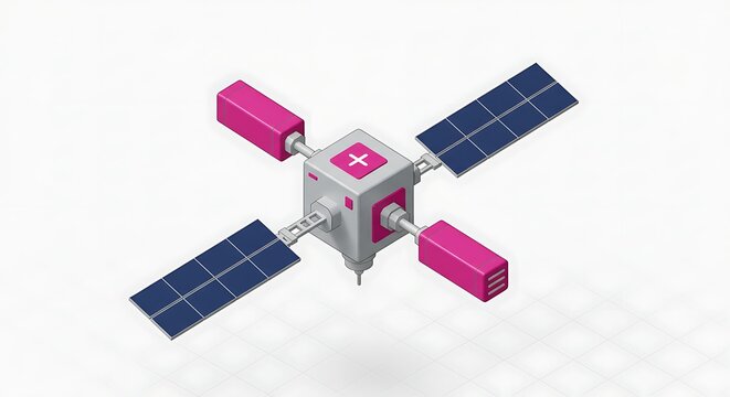 New retro space colony 3d render of a satellite with solar panels isolated on white background