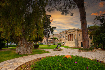 View of Kerkyra, the capital of the Greek island of Corfu, with its beautiful buildings on a cloudy summer day, background or wallpaper