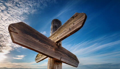Rustic Weathered Wooden Signpost Against A Blue Sky With Clouds