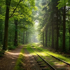 Obraz premium Forest Path with Railway Line