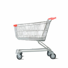supermarket  metallic cart with red handle in a white background