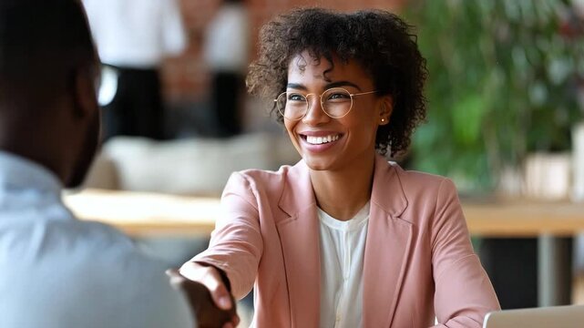 A young African woman in a pink suit smiles amiably and shakes hands with a client or partner in a modern office. Concept: closing a deal, concluding a contract, collaboration, business