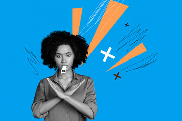 Art sketch 3d image full collage of angry girl show veto dont gesture no bullying racism problem...