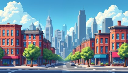 Obraz premium Urban illustration of a city street with residential buildings and skyscrapers. A car drives down the road lined by trees. Clear blue sky with puffy clouds.