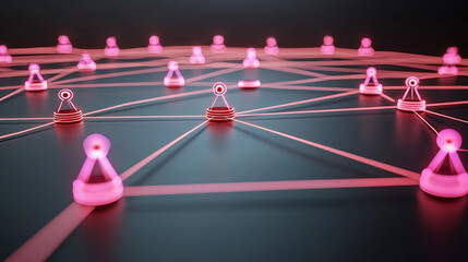 Futuristic sci fi interface displays glowing neural connections with pink nodes interconnected by lines, creating network dark background. scene evokes sense of advanced technology